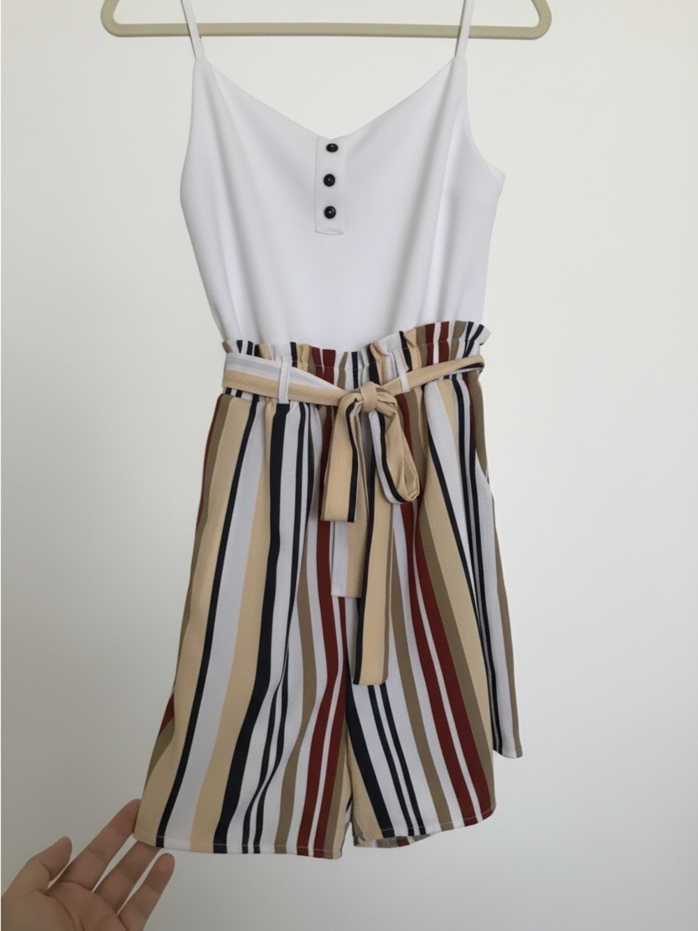 Striped Paperbag Waist Shorts with Tie Belt - White & Multi - Picture 2 of 3